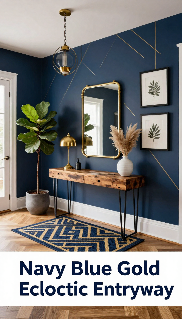 Navy Blue and Gold Eclectic Entryway with Reclaimed Wood Console and Geometric Rug - Entryway - The House Ideas
