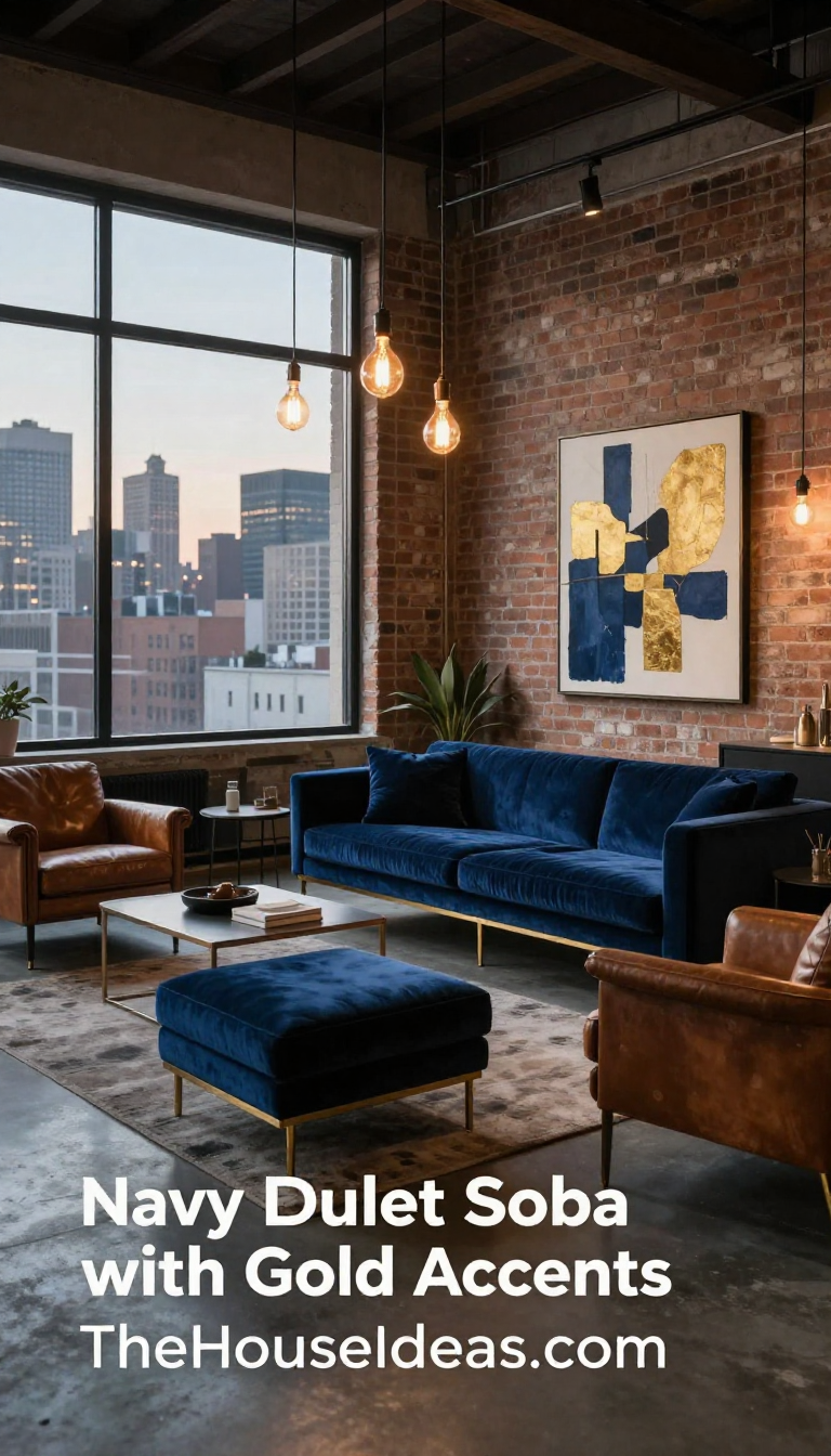 Navy Blue Velvet Sofa with Gold Metal Legs and Abstract Artwork - Living Room - The House Ideas