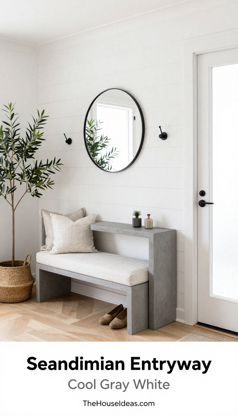 Scandinavian Entryway with Cool Gray Concrete Console and White Linen Bench - Entryway - The House Ideas