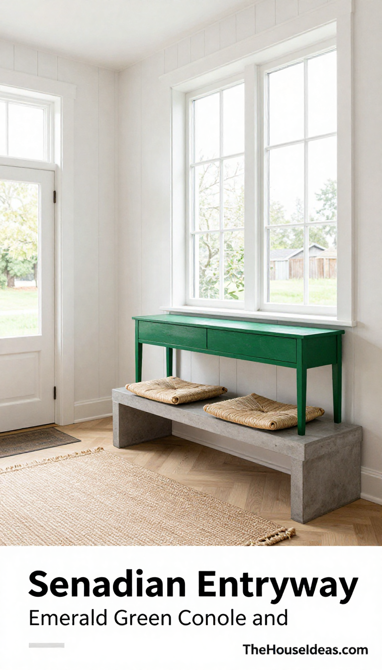 Scandinavian Entryway with Emerald Green Console and Concrete Bench with Textured Wool Rug - Entryway - The House Ideas