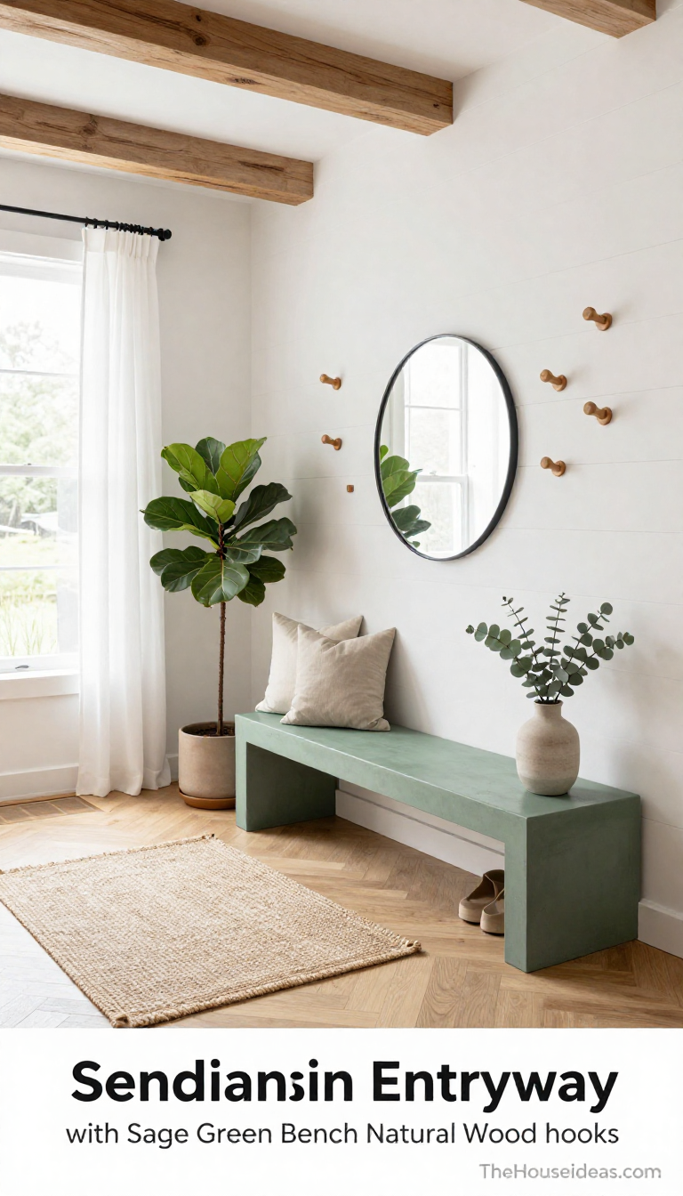 Scandinavian Entryway with Sage Green Concrete Bench and Natural Wood Hooks - Entryway - The House Ideas