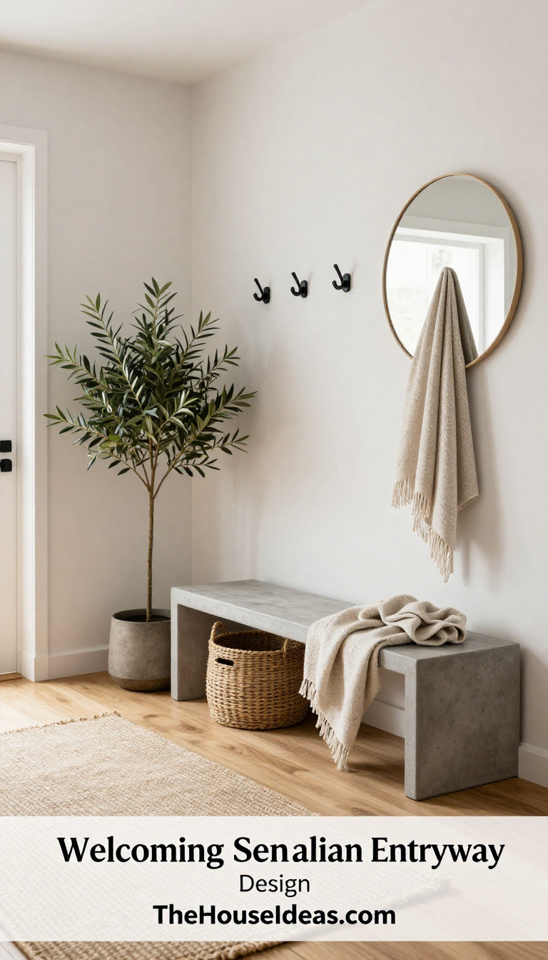 Scandinavian Entryway with Warm Concrete Bench and Olive Green Botanical Accents - Entryway - The House Ideas