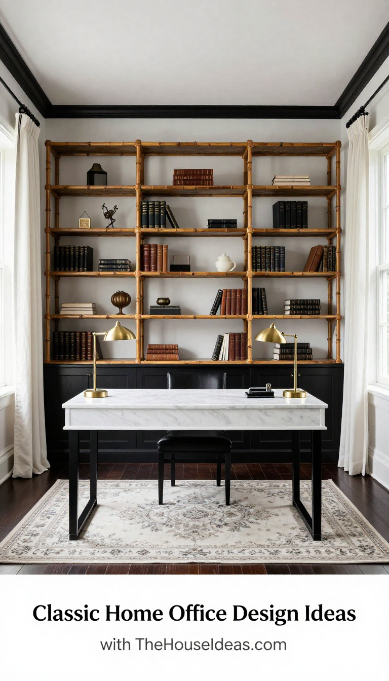 Traditional Classic Home Office with Black & White Contrast and Bamboo Shelving - Home Office - The House Ideas