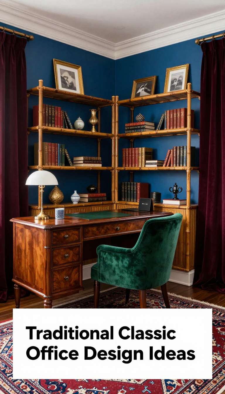 Traditional Classic Home Office with Emerald Green Velvet Desk Chair and Bamboo Shelving - Home Office - The House Ideas