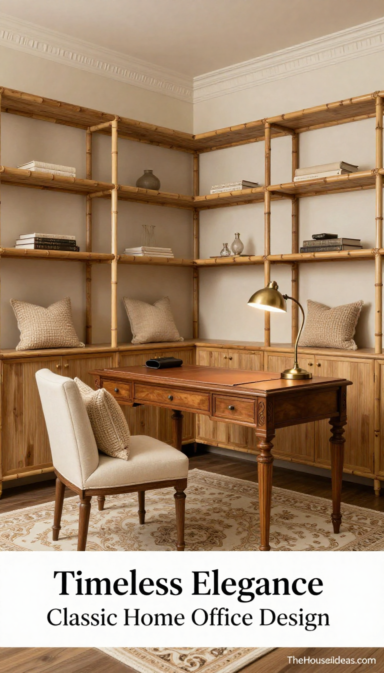 Traditional Classic Home Office with Neutral Beige Bamboo Shelving and Cream Cotton Accents - Home Office - The House Ideas