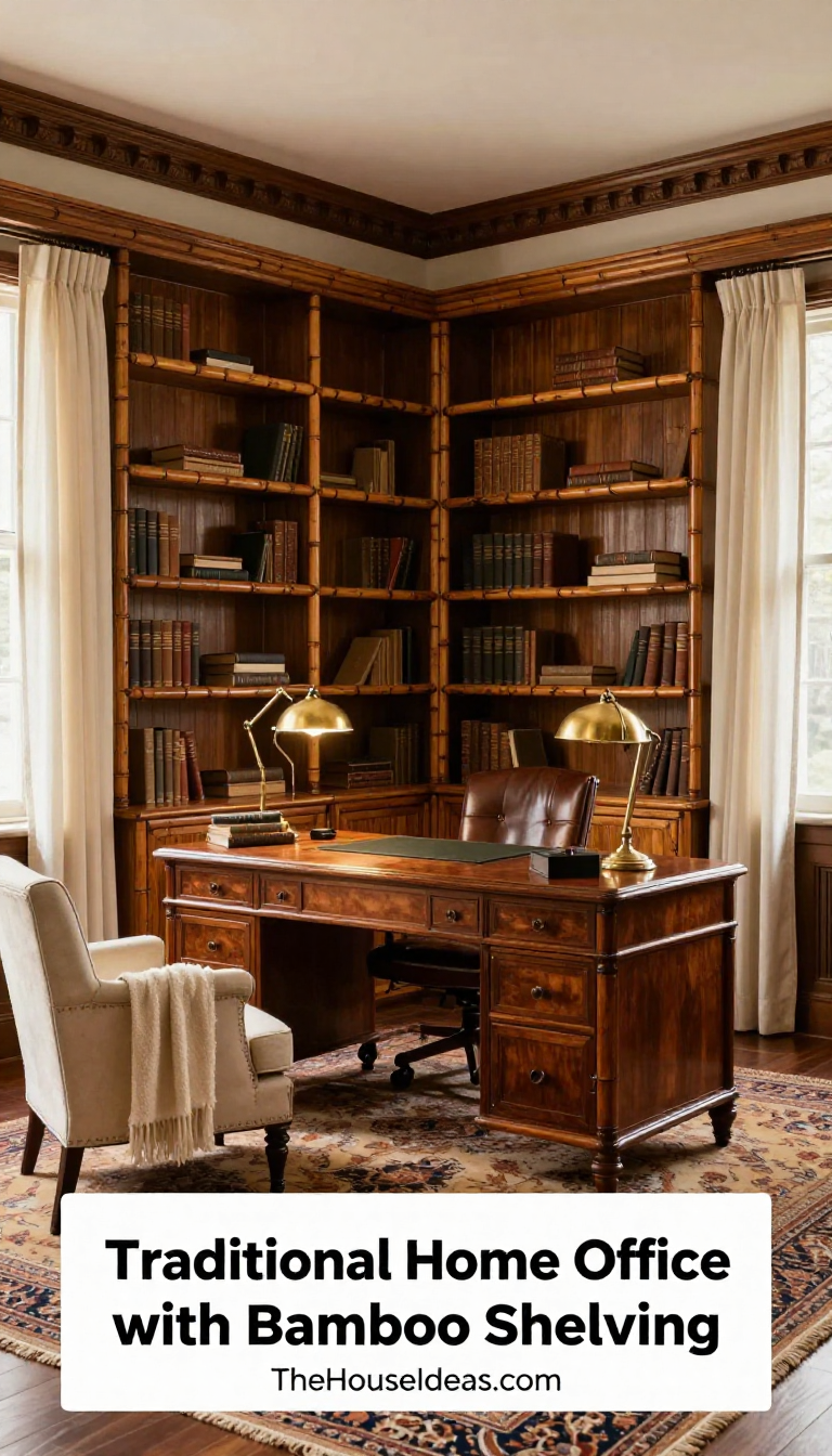 Traditional Classic Home Office with Warm Brown Bamboo Shelving and Ivory Cotton Accents - Home Office - The House Ideas